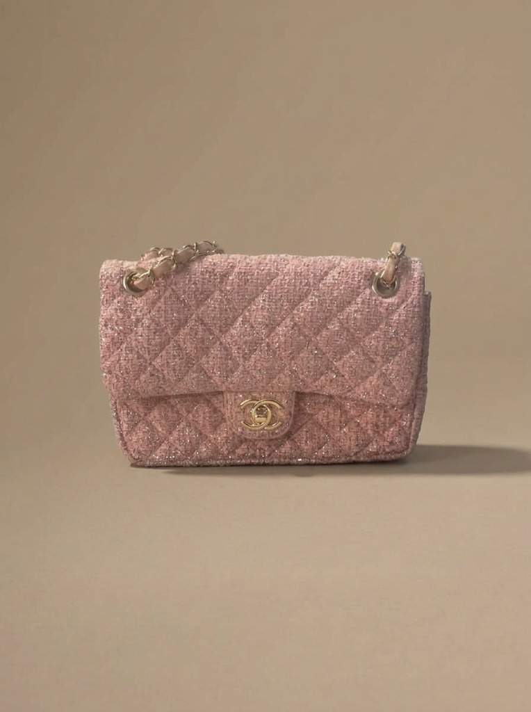 Pink Tweed Quilted Shoulder Bag