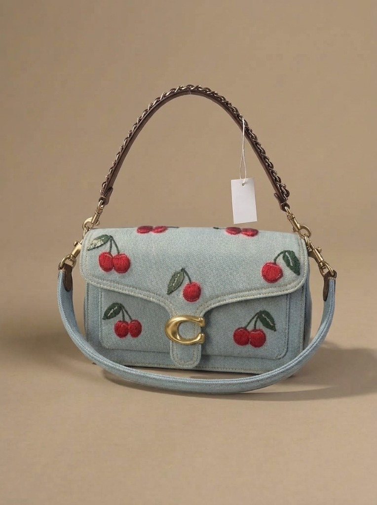 Denim Cherry Embroidered Shoulder Bag