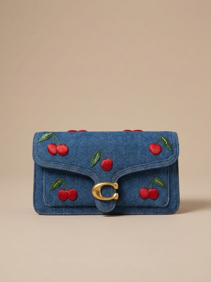 Denim Cherry Embroidered Crossbody