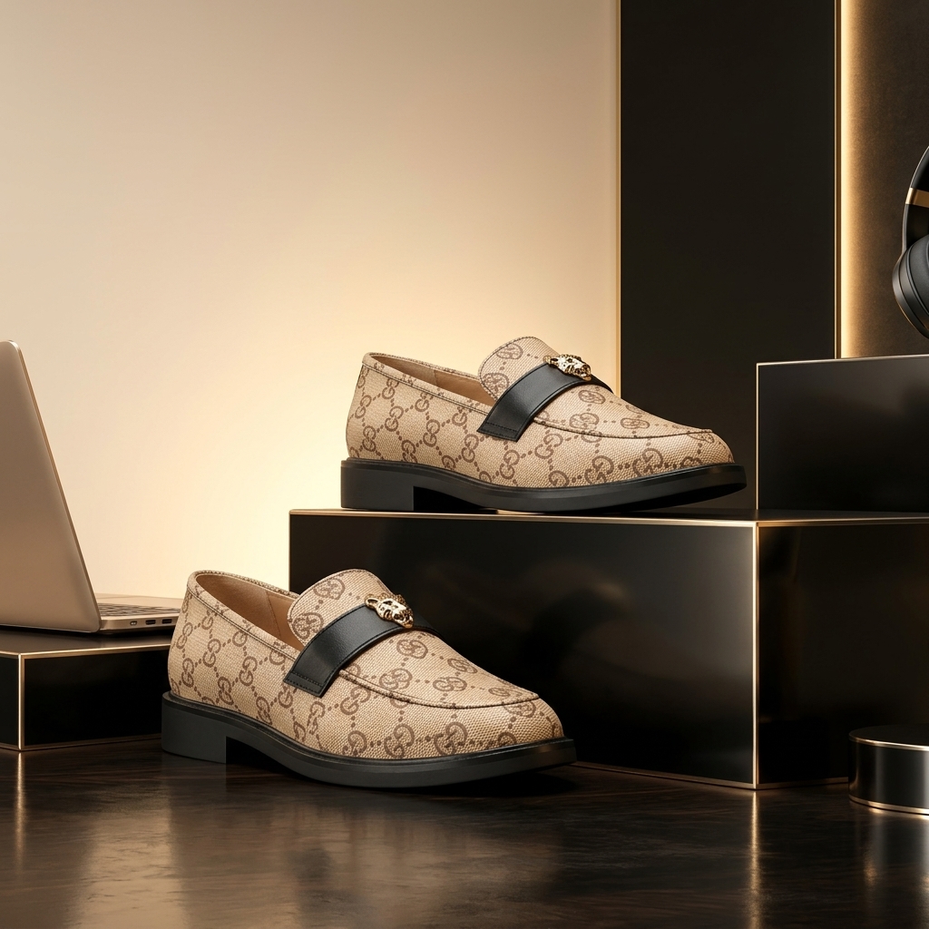 Patterned loafers on display