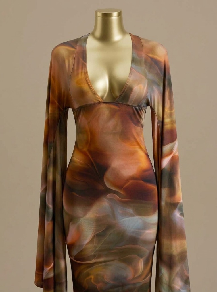 Abstract Print V-Neck Midi Dress with Bell Sleeves